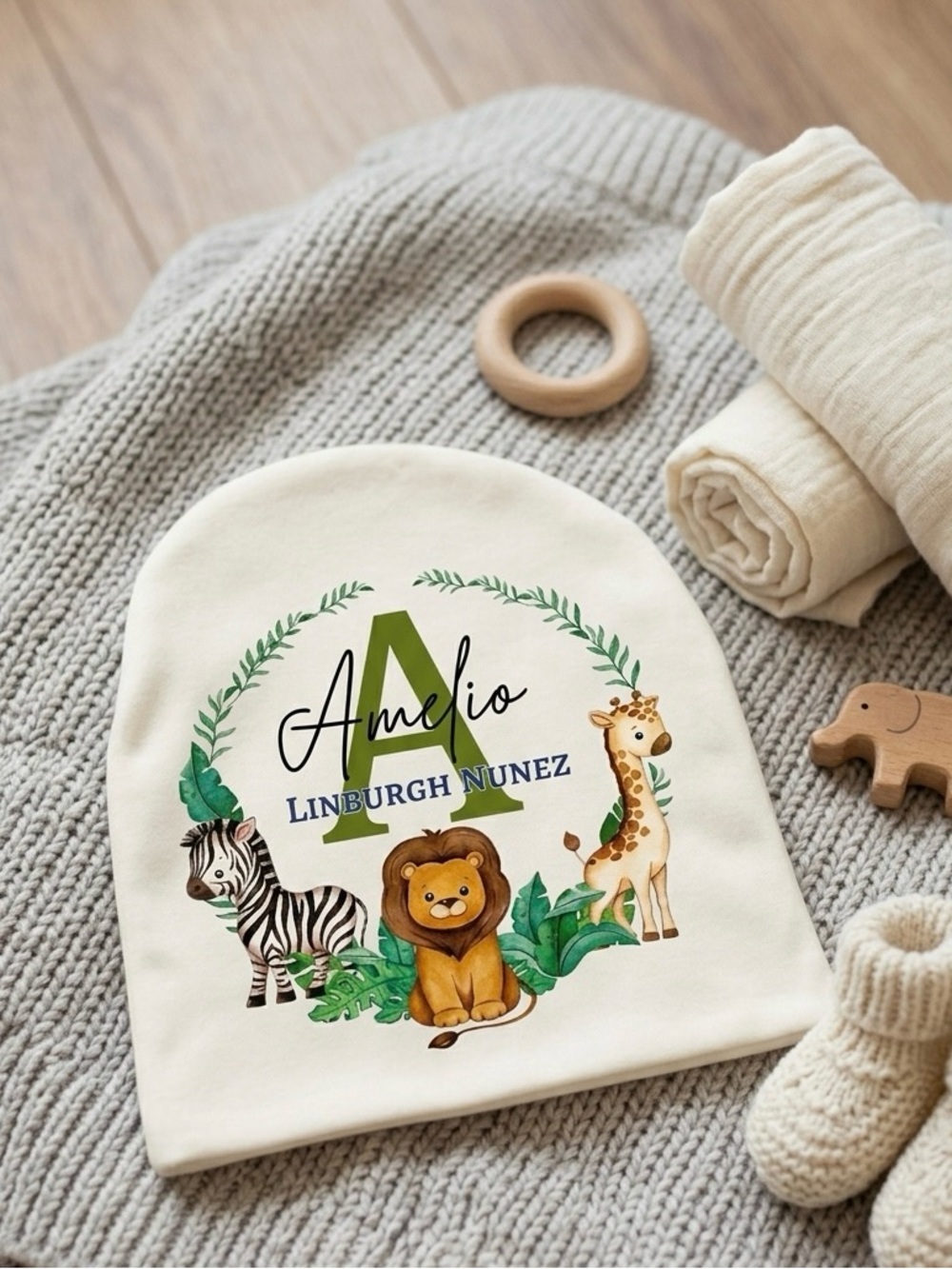 Personalized Cream Kids Beanie Hat with Safari Animals